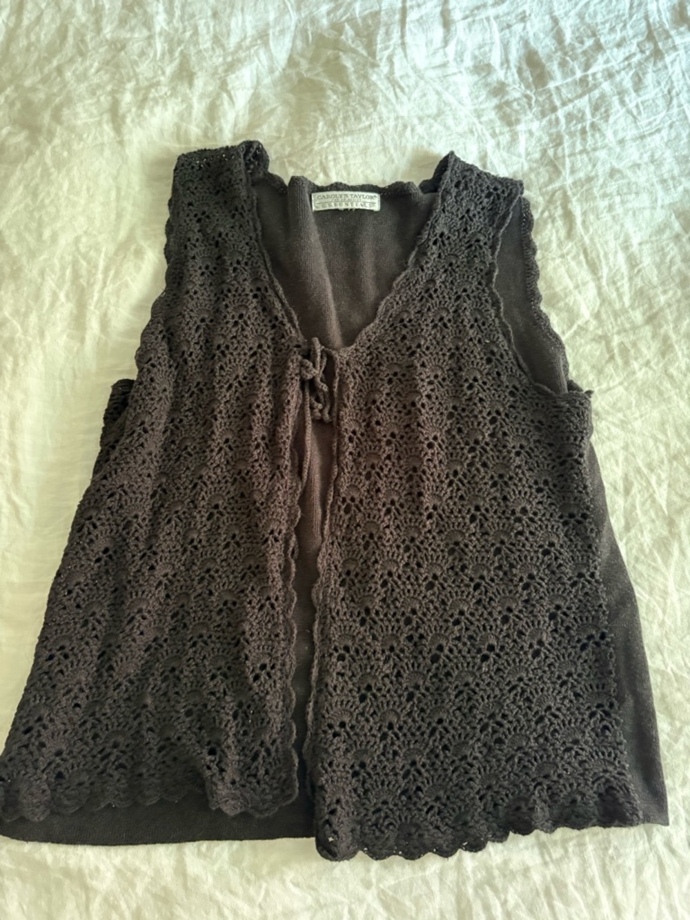 Carolyn Taylor Black Crochet Knit Vest with Scalloped Edges